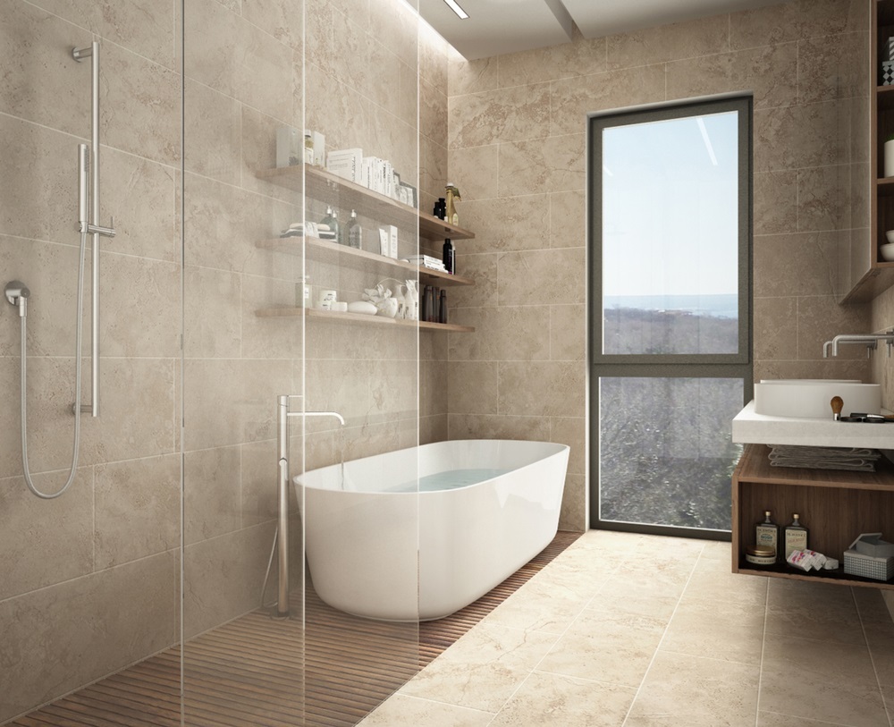 Travertine tiles bathroom design shutterstock 1060273655 1